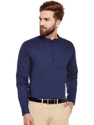 Men Navy Blue Solid Mandarin Collar Pure Cotton Slim Fit Formal Shirt