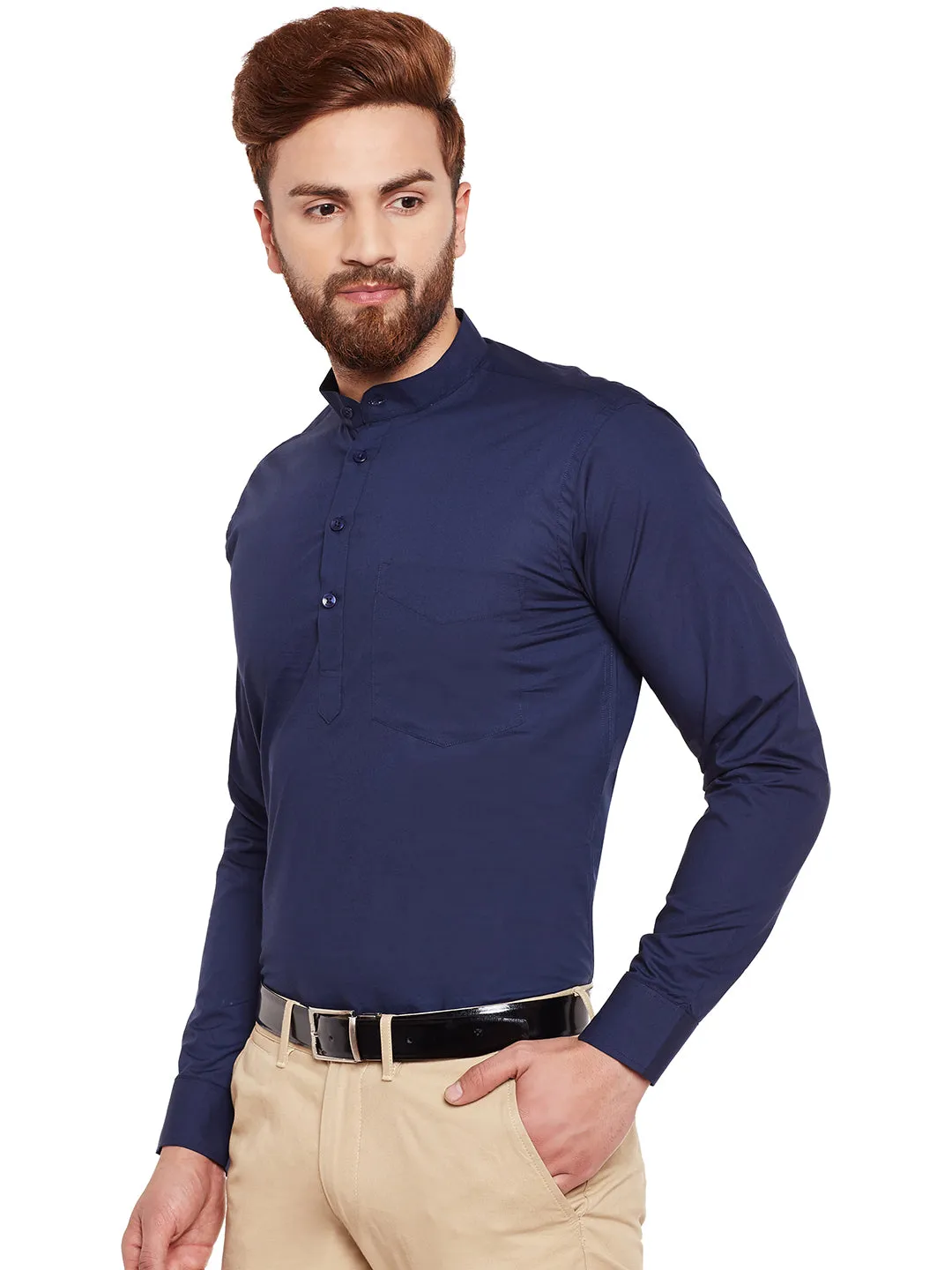 Men Navy Blue Solid Mandarin Collar Pure Cotton Slim Fit Formal Shirt