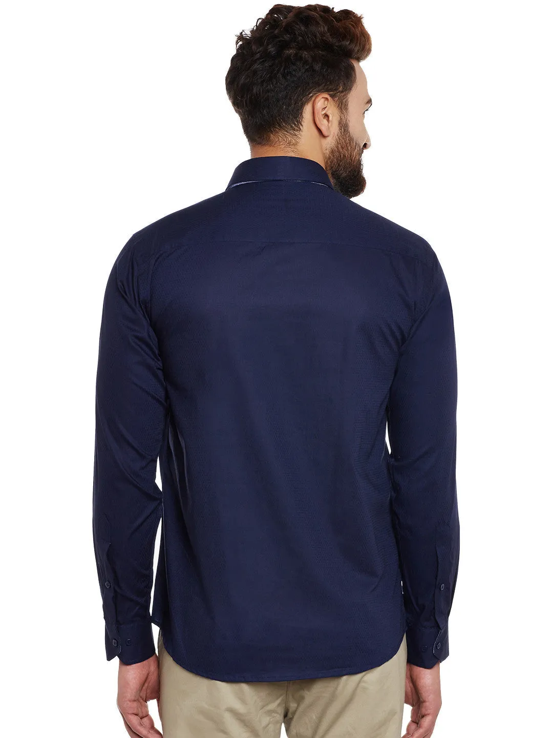 Men Navy Solid Pure Cotton Slim Fit  Casual Shirt