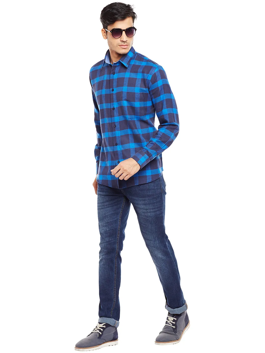 Men NavyBlue Checked Pure Cotton Slim Fit Casual Shirt