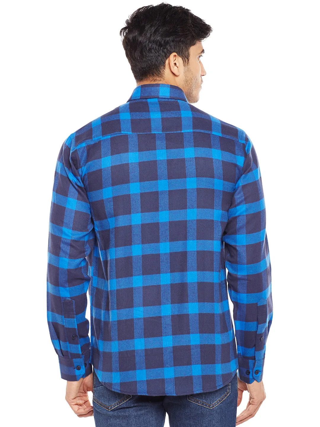 Men NavyBlue Checked Pure Cotton Slim Fit Casual Shirt