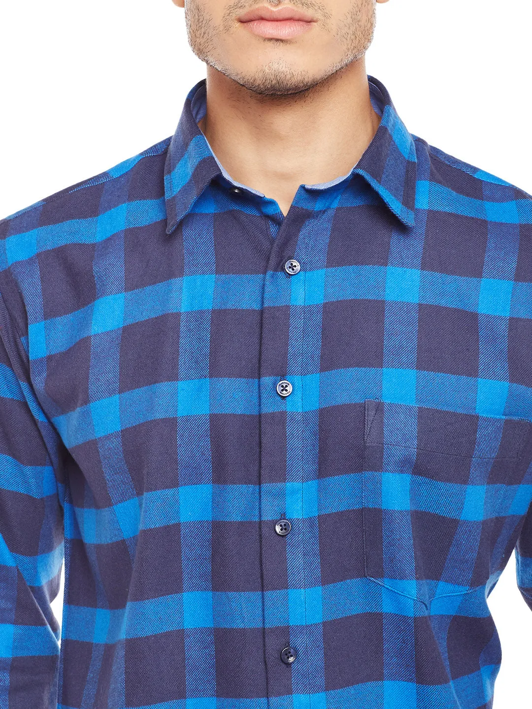 Men NavyBlue Checked Pure Cotton Slim Fit Casual Shirt