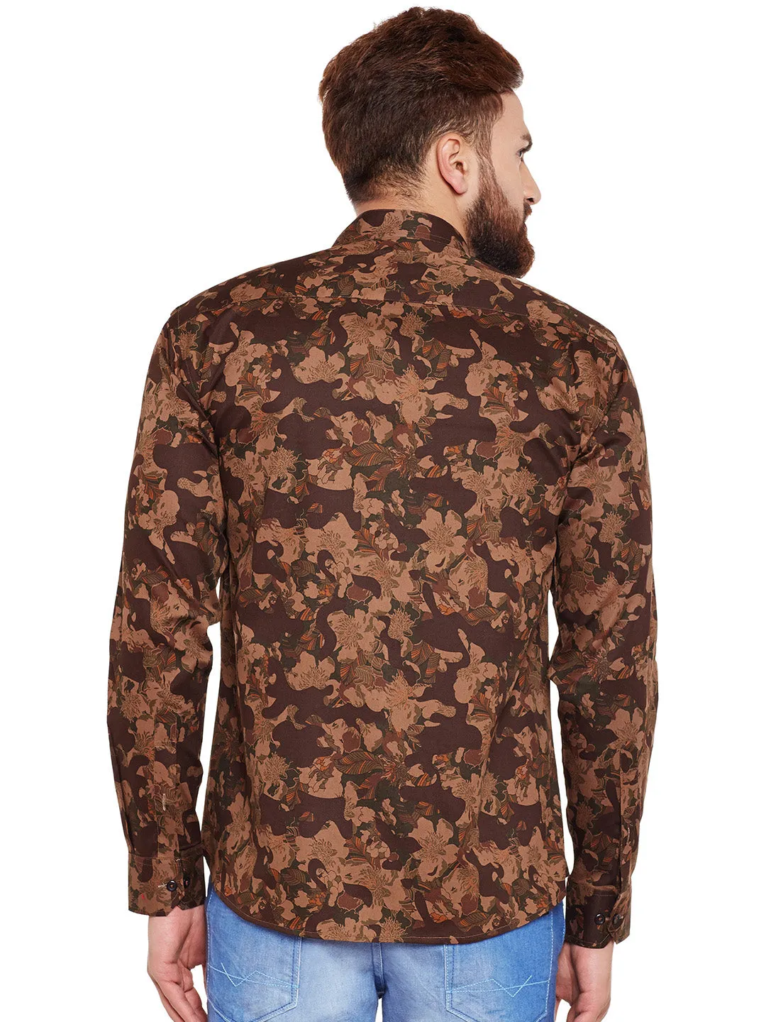 Men Olive Camouflage Printed Pure Cotton Slim Fit Casual Shirt