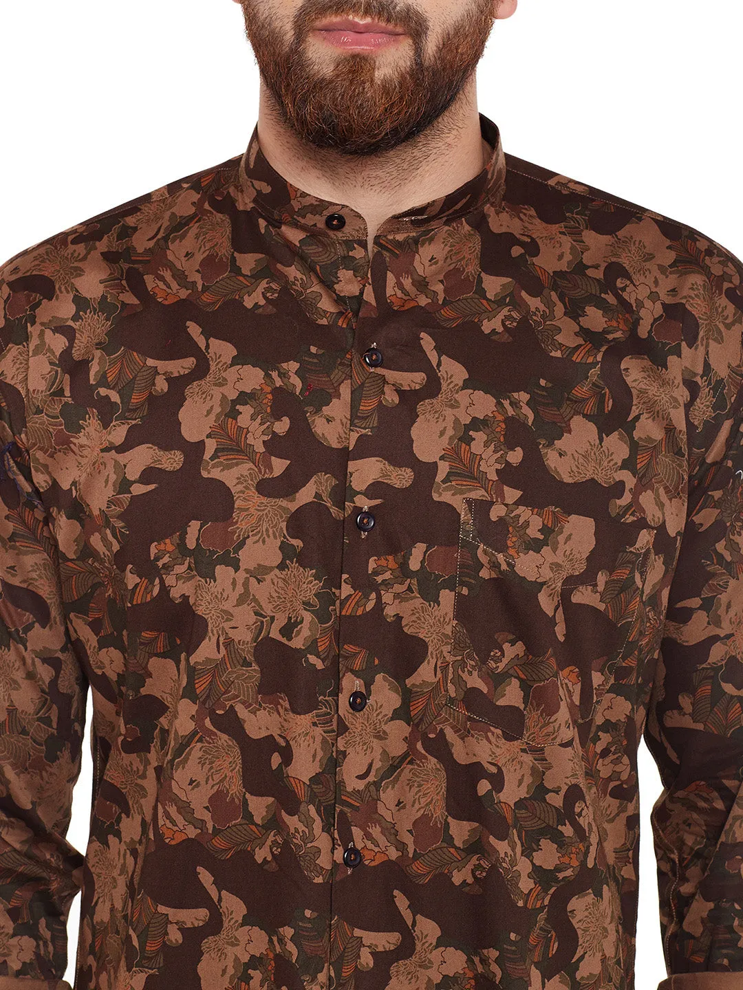 Men Olive Camouflage Printed Pure Cotton Slim Fit Casual Shirt