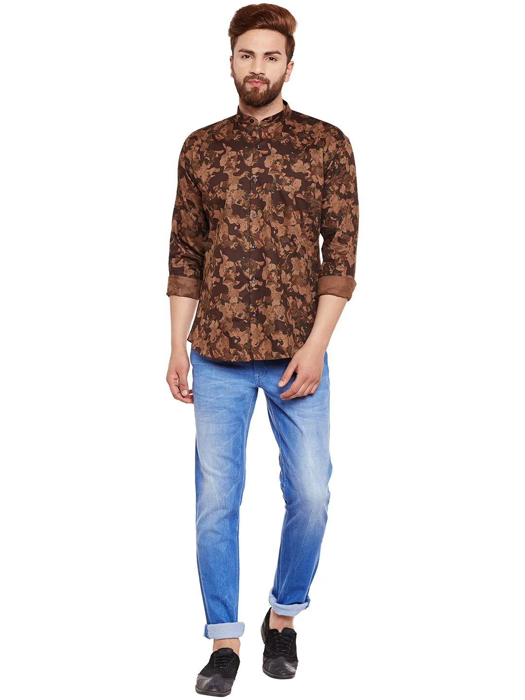 Men Olive Camouflage Printed Pure Cotton Slim Fit Casual Shirt