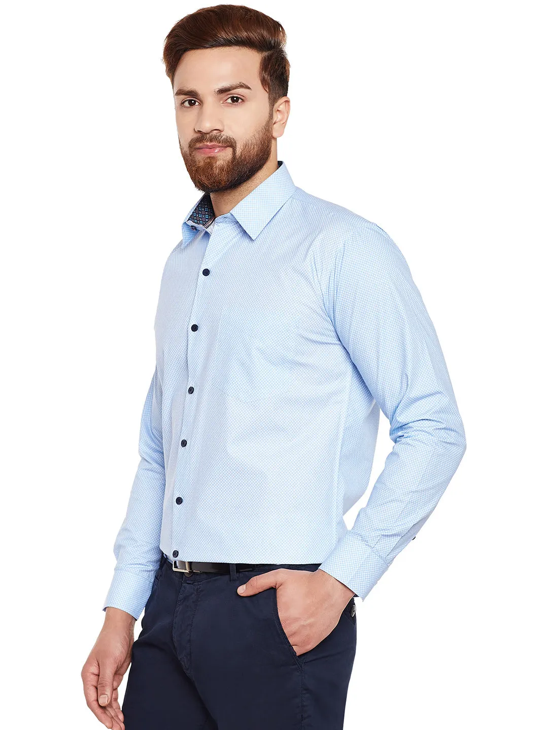 Men Sky Blue Printed Pure Cotton Slim Fit Formal Shirt