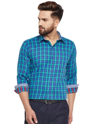 Men Turquoise Blue Checked Pure Cotton Slim Fit Casual shirt