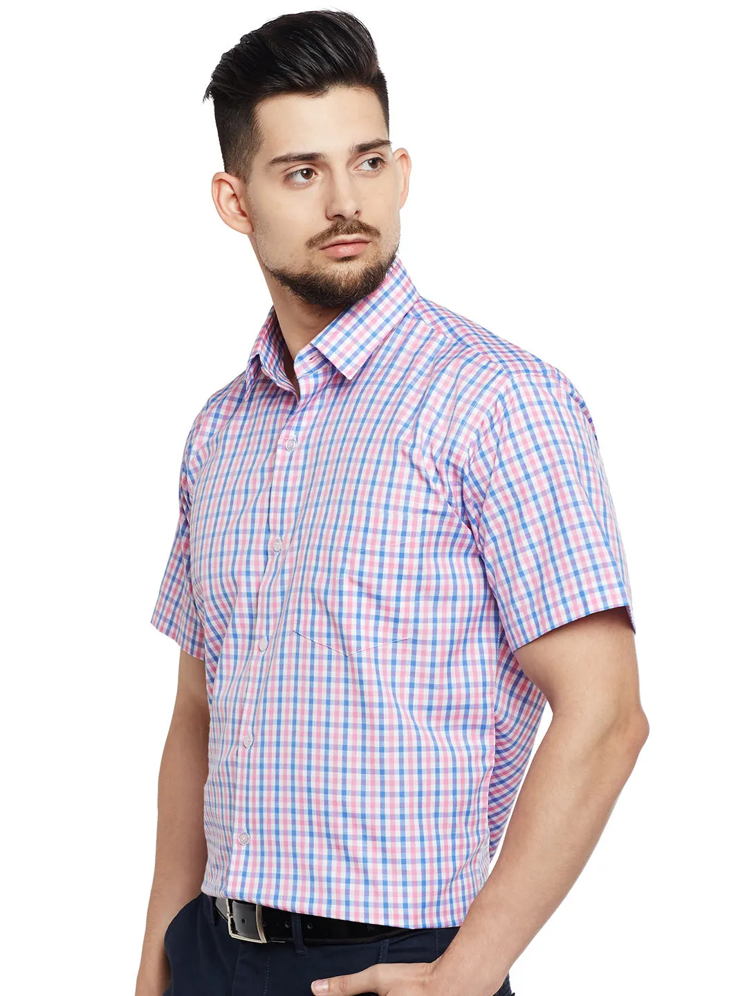 Men White & Pink Checked Slim Fit Formal Shirt