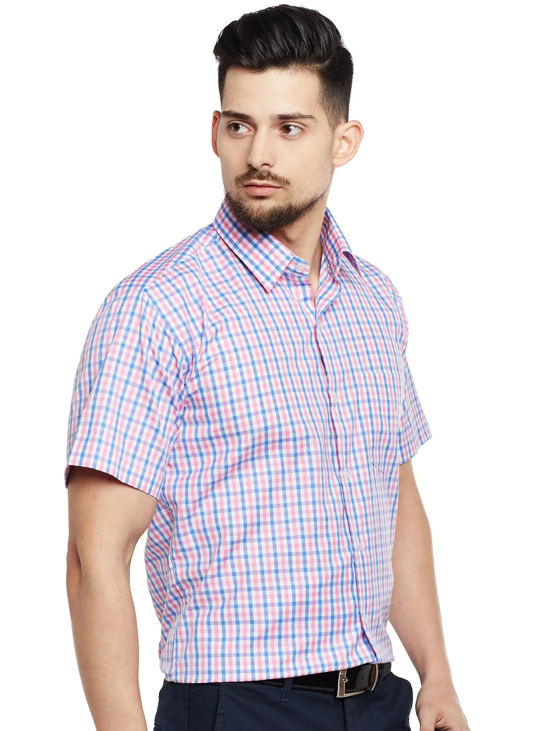 Men White & Pink Checked Slim Fit Formal Shirt