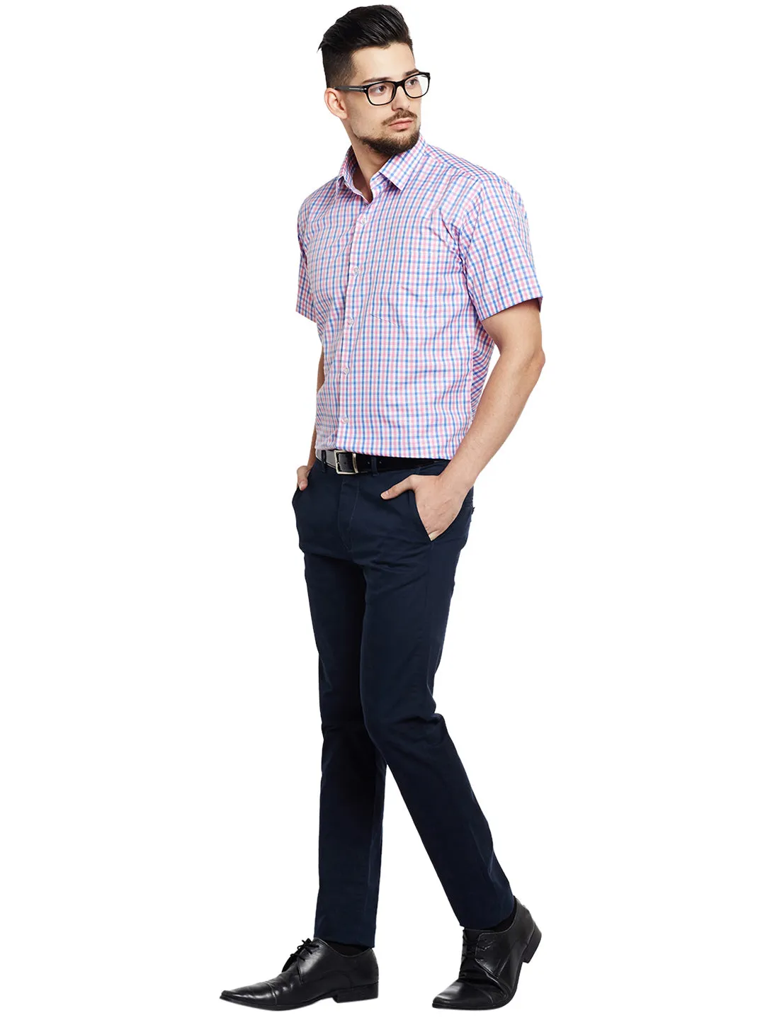 Men White & Pink Checked Slim Fit Formal Shirt