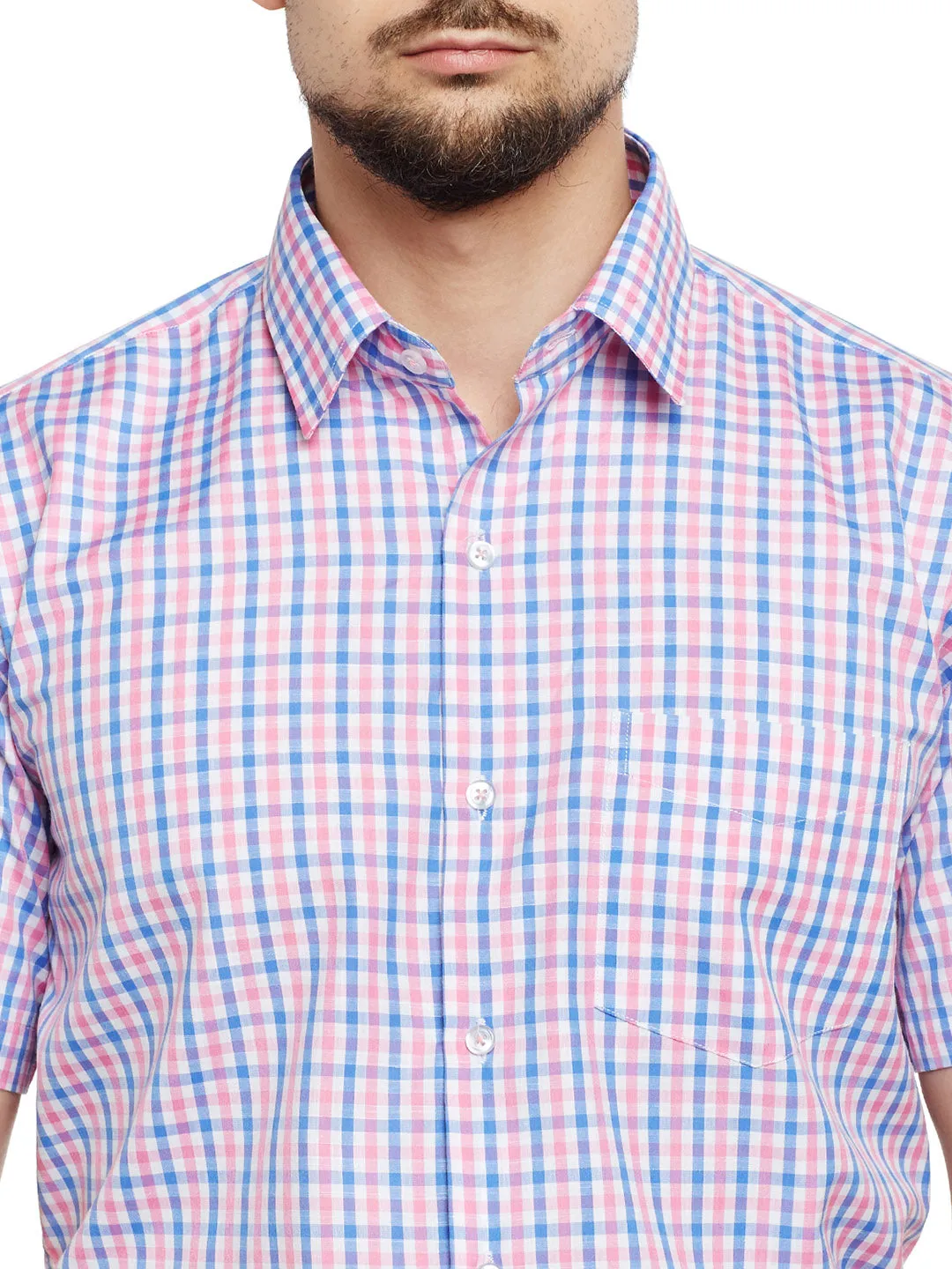 Men White & Pink Checked Slim Fit Formal Shirt