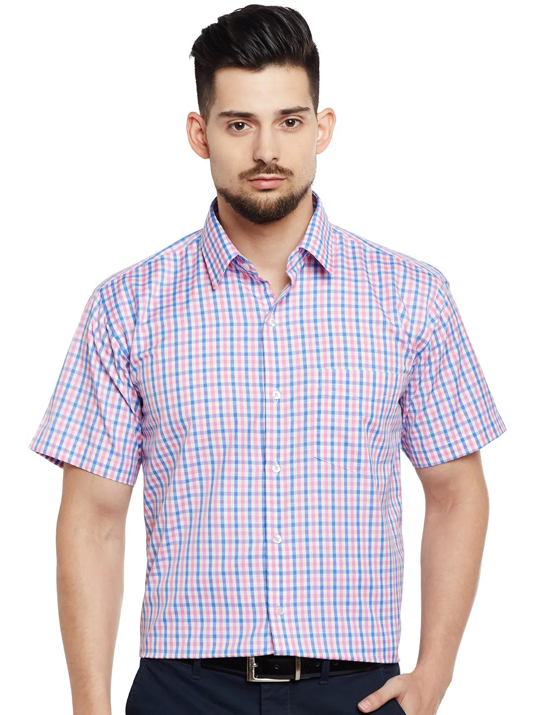 Men White & Pink Checked Slim Fit Formal Shirt