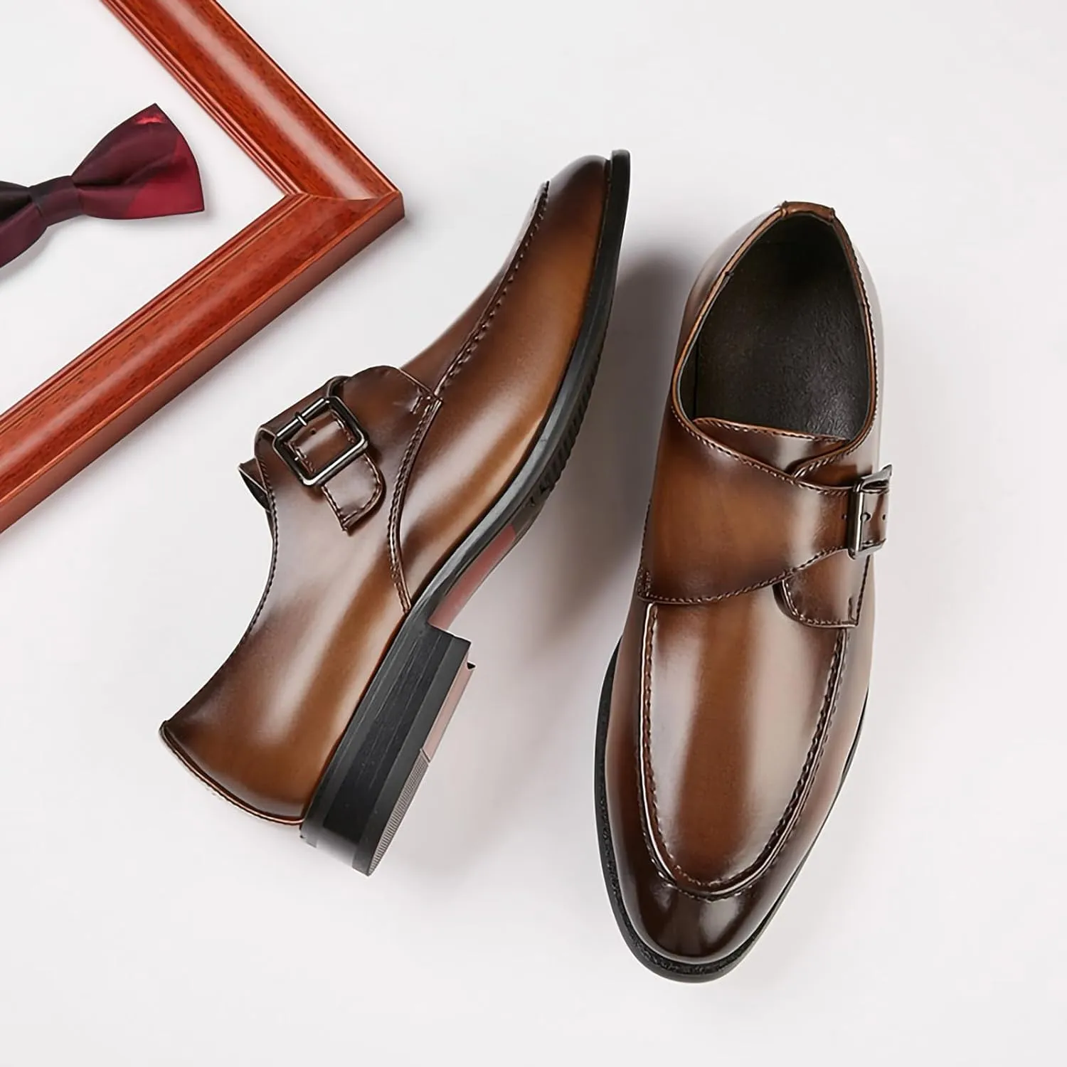 Mens Monk Strap Slip On Loafers Casual Dress Shoes Stylish and Comfort PU Leather Wrok Shoes Low Heel Formal Shoes for Men