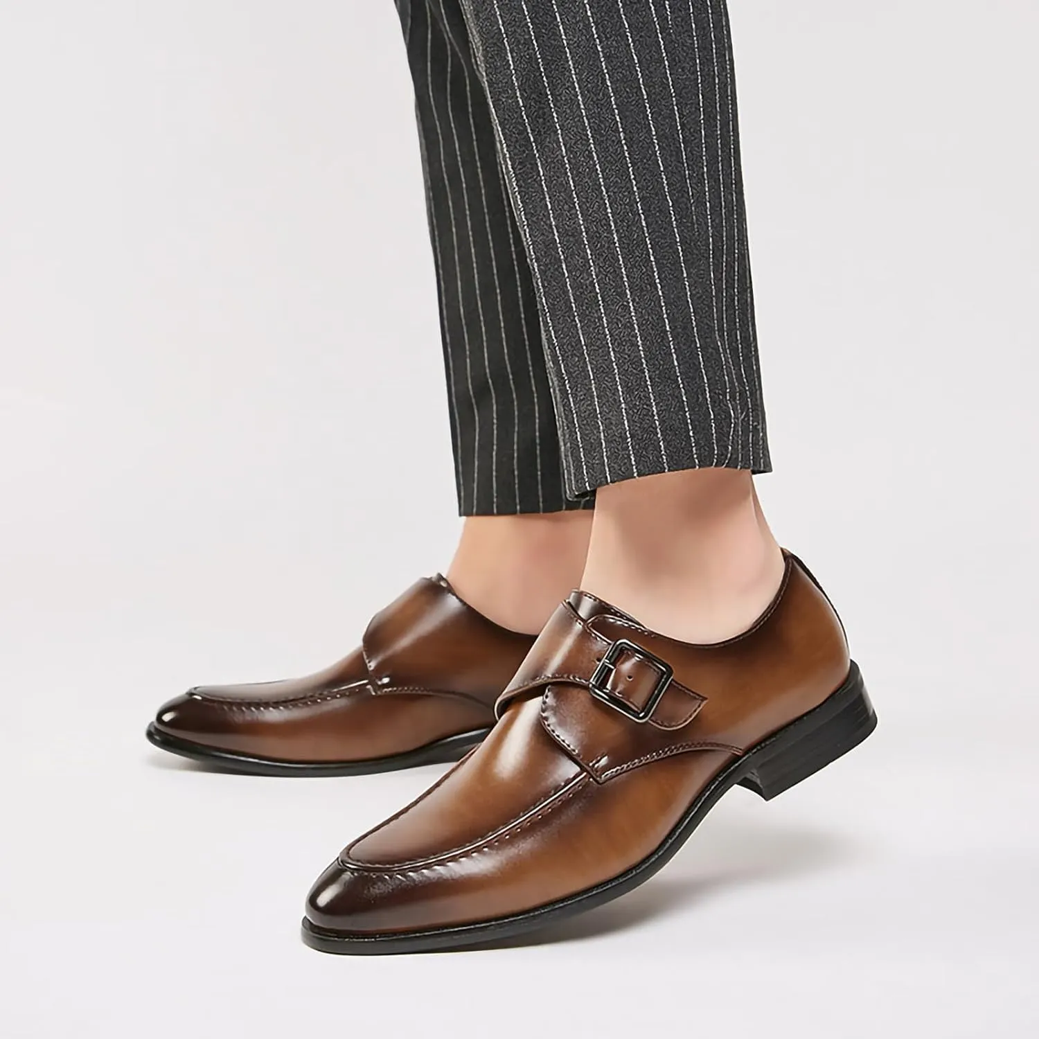 Mens Monk Strap Slip On Loafers Casual Dress Shoes Stylish and Comfort PU Leather Wrok Shoes Low Heel Formal Shoes for Men
