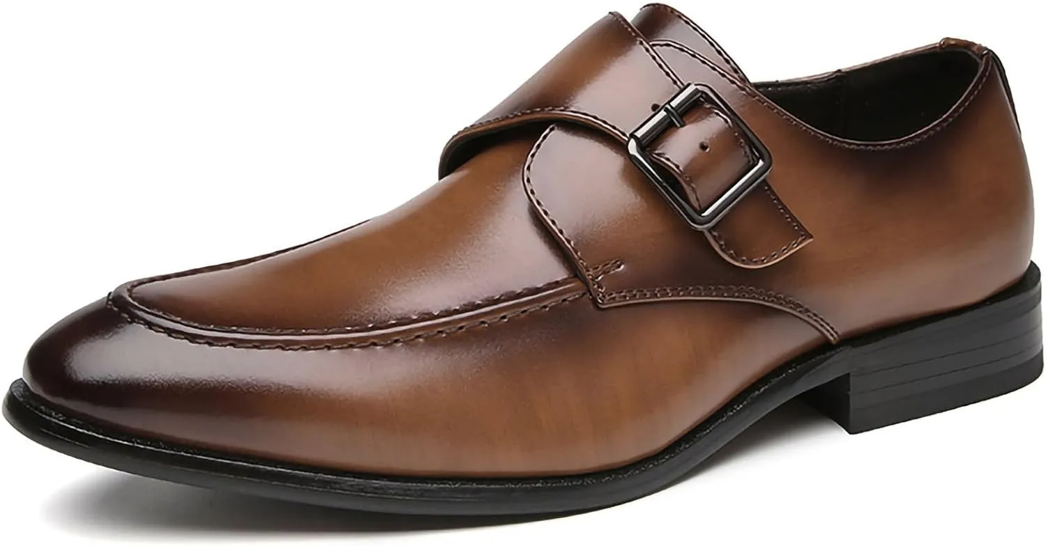 Mens Monk Strap Slip On Loafers Casual Dress Shoes Stylish and Comfort PU Leather Wrok Shoes Low Heel Formal Shoes for Men