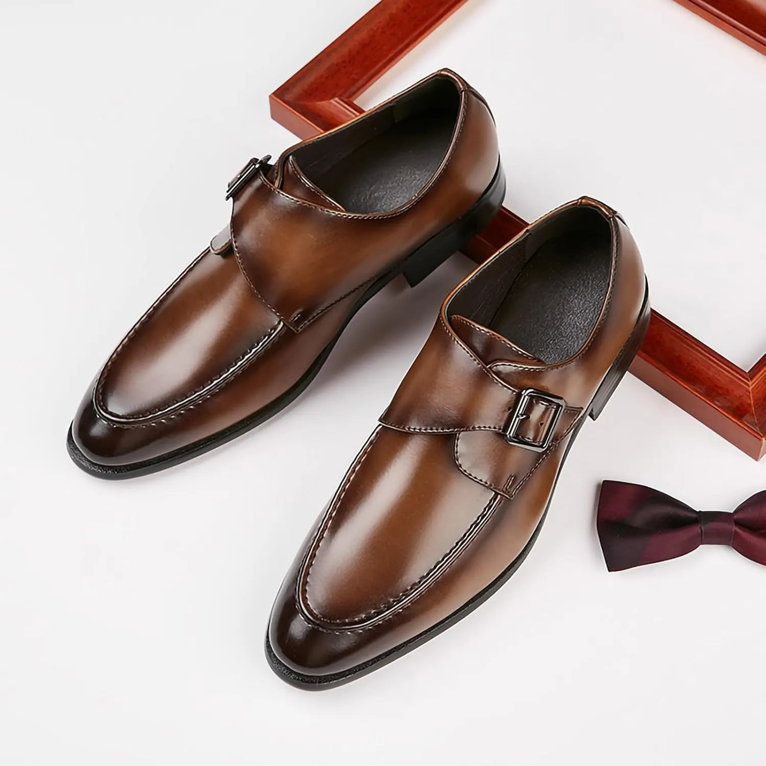 Mens Monk Strap Slip On Loafers Casual Dress Shoes Stylish and Comfort PU Leather Wrok Shoes Low Heel Formal Shoes for Men