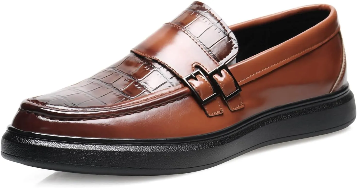 Men's PU Leather Croc-Embossed Double Monk Strap Loafers ?C Lightweight Slip-On, Flat Non-Slip Sole, Formal & Casual Driving Shoes