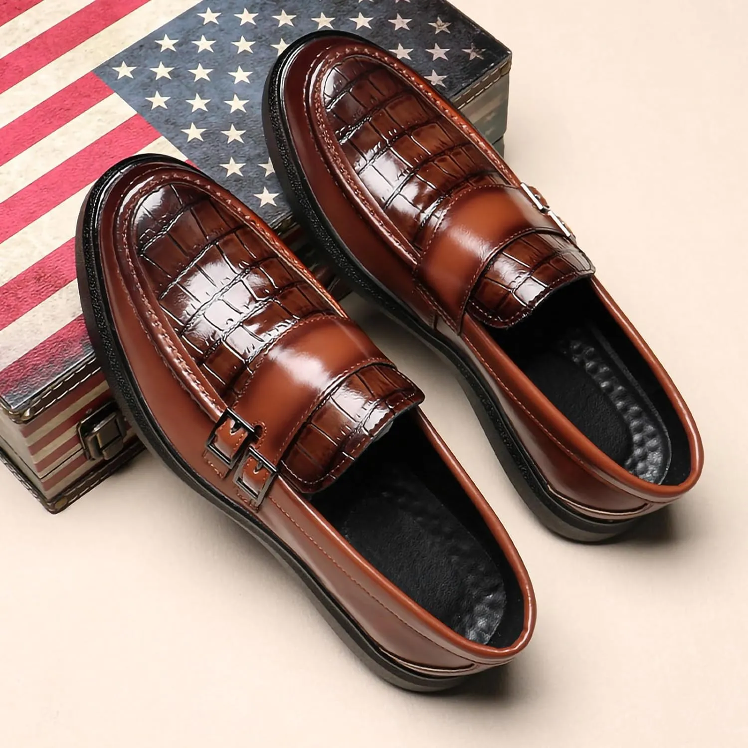 Men's PU Leather Croc-Embossed Double Monk Strap Loafers ?C Lightweight Slip-On, Flat Non-Slip Sole, Formal & Casual Driving Shoes
