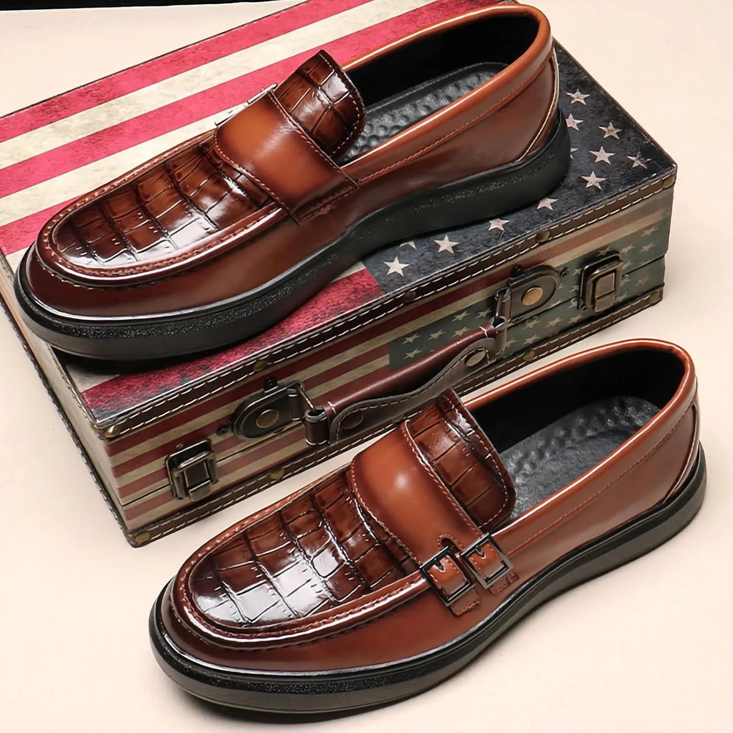 Men's PU Leather Croc-Embossed Double Monk Strap Loafers ?C Lightweight Slip-On, Flat Non-Slip Sole, Formal & Casual Driving Shoes