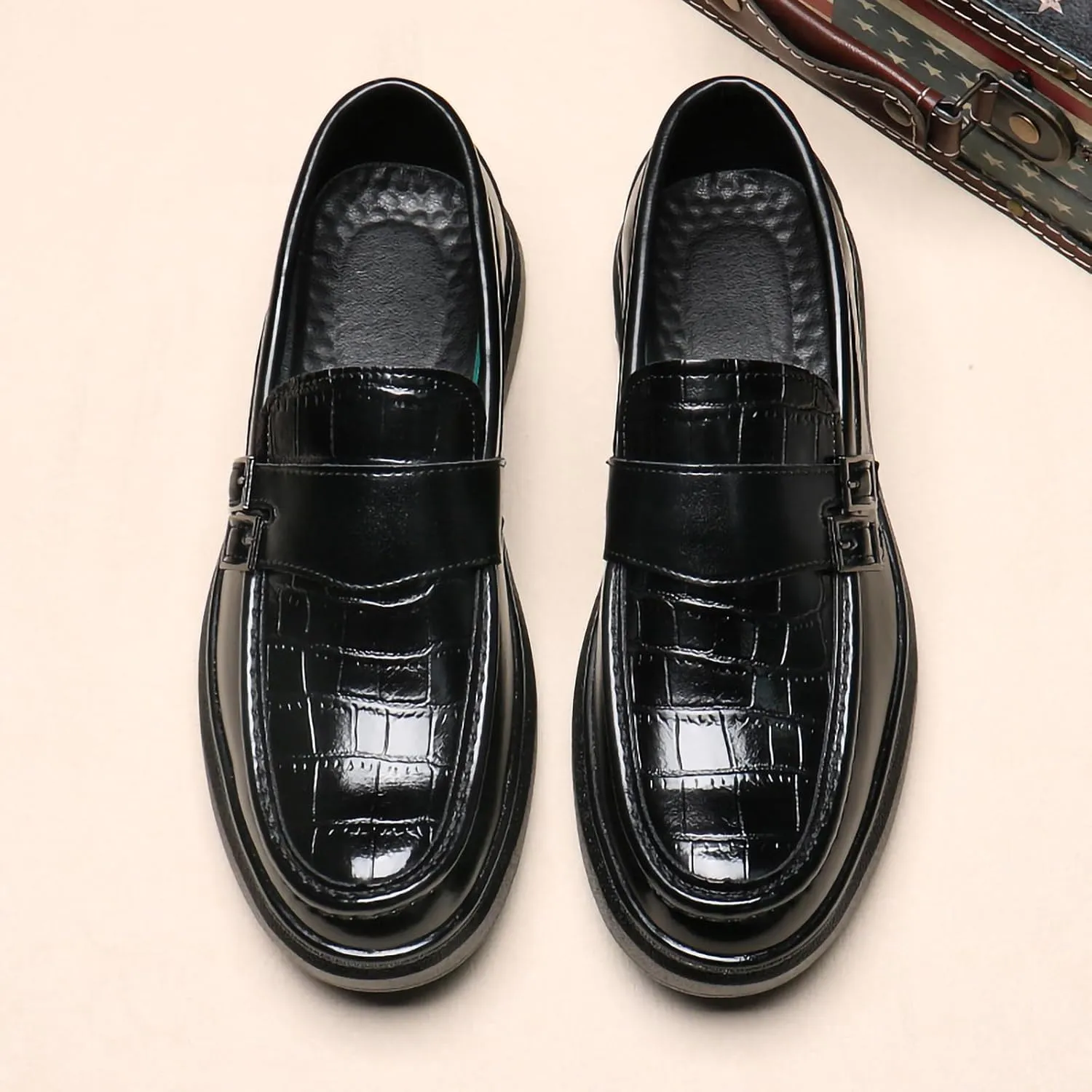 Men's PU Leather Croc-Embossed Double Monk Strap Loafers ?C Lightweight Slip-On, Flat Non-Slip Sole, Formal & Casual Driving Shoes