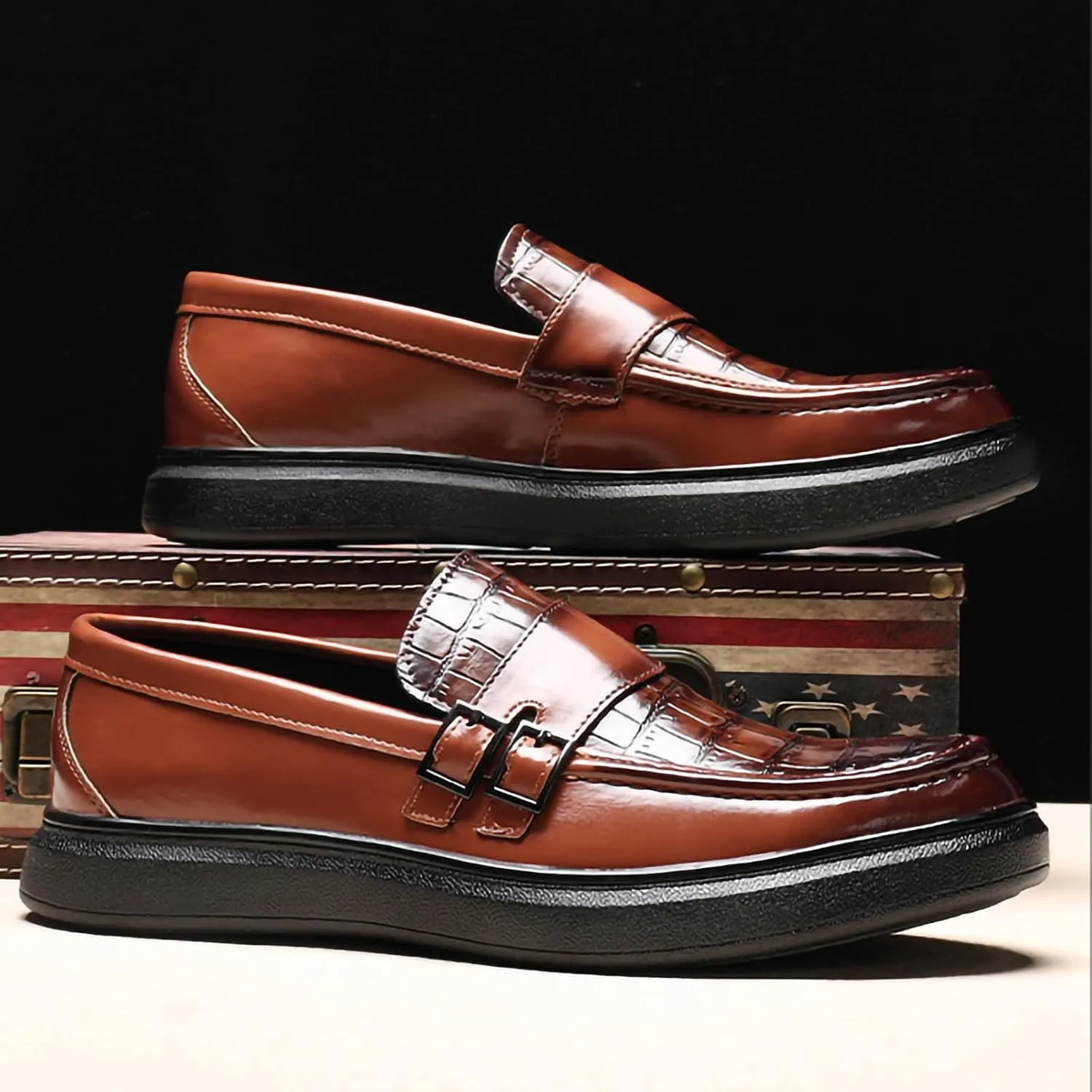 Men's PU Leather Croc-Embossed Double Monk Strap Loafers ?C Lightweight Slip-On, Flat Non-Slip Sole, Formal & Casual Driving Shoes