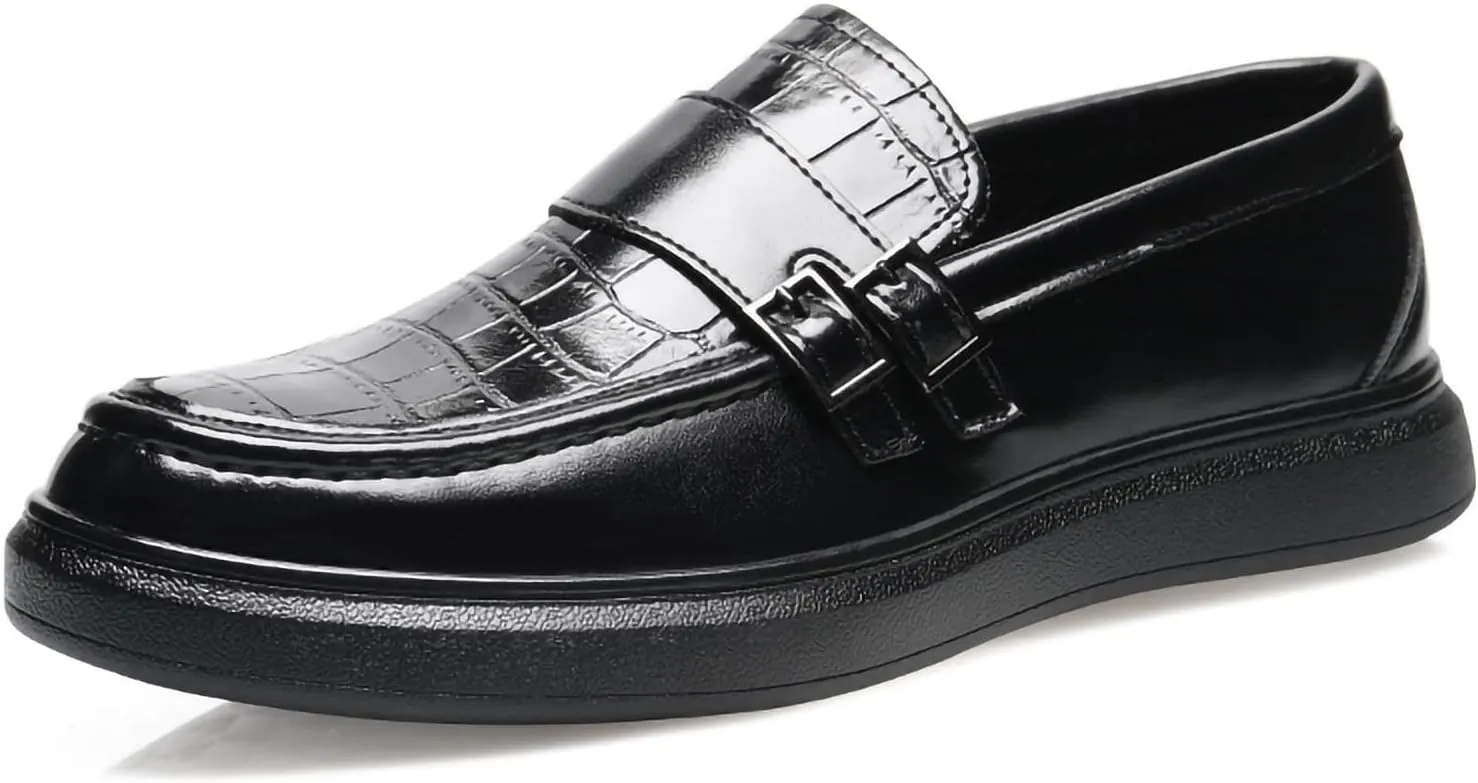 Men's PU Leather Croc-Embossed Double Monk Strap Loafers ?C Lightweight Slip-On, Flat Non-Slip Sole, Formal & Casual Driving Shoes