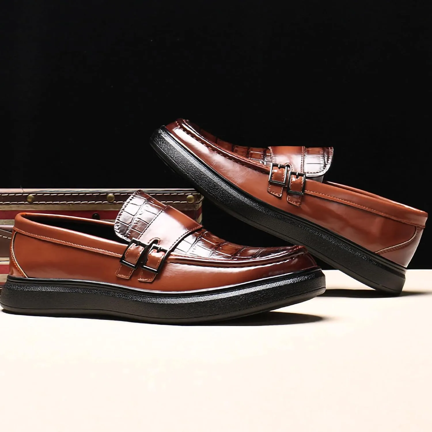 Men's PU Leather Croc-Embossed Double Monk Strap Loafers ?C Lightweight Slip-On, Flat Non-Slip Sole, Formal & Casual Driving Shoes