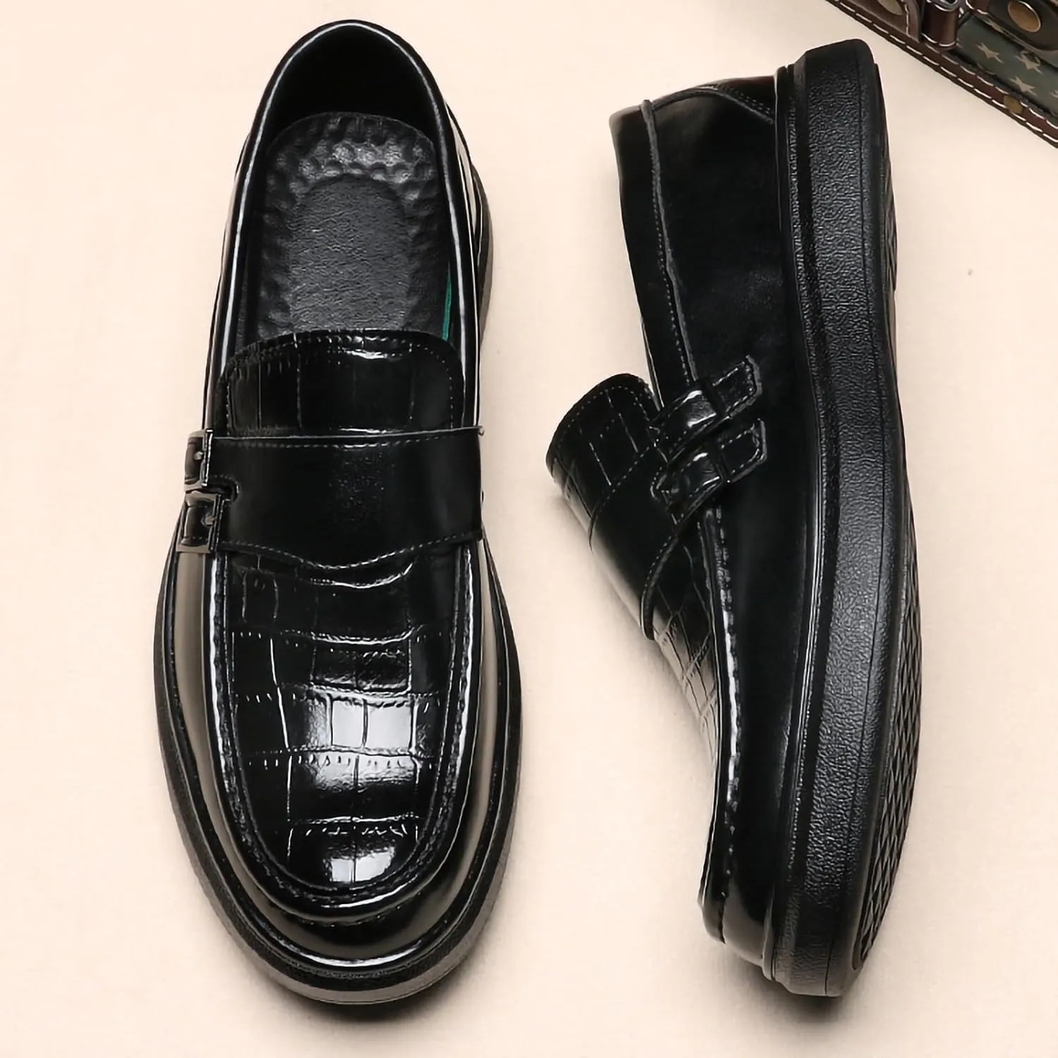 Men's PU Leather Croc-Embossed Double Monk Strap Loafers ?C Lightweight Slip-On, Flat Non-Slip Sole, Formal & Casual Driving Shoes