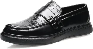 Men's PU Leather Croc-Embossed Double Monk Strap Loafers ?C Lightweight Slip-On, Flat Non-Slip Sole, Formal & Casual Driving Shoes