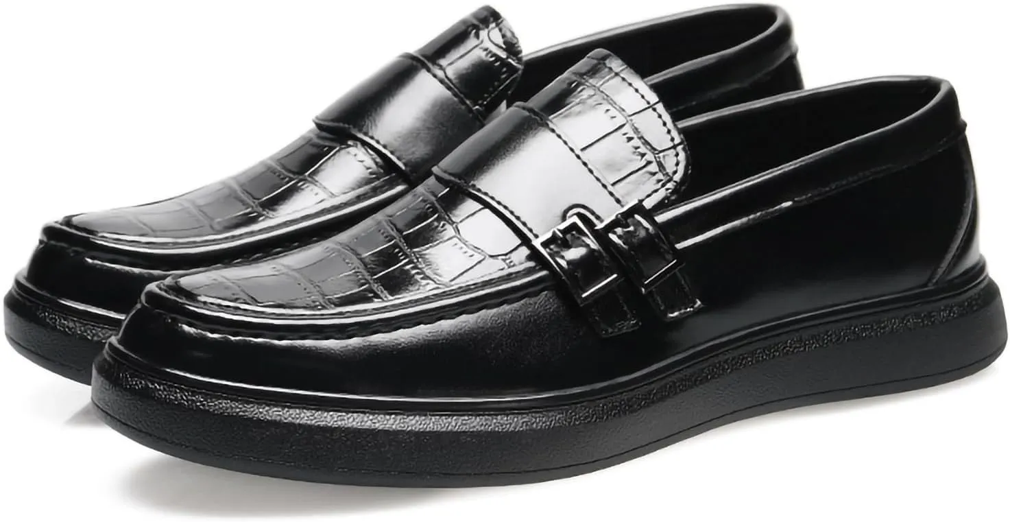 Men's PU Leather Croc-Embossed Double Monk Strap Loafers ?C Lightweight Slip-On, Flat Non-Slip Sole, Formal & Casual Driving Shoes