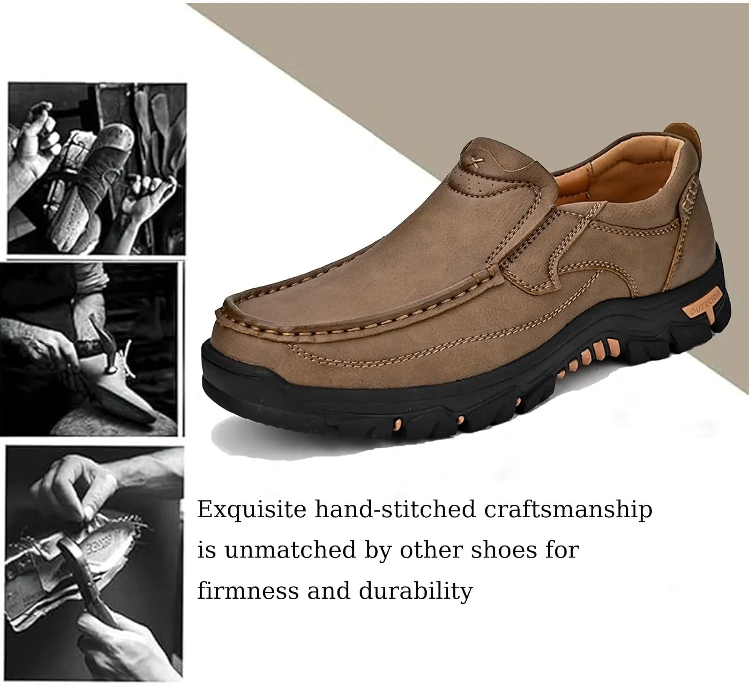 Men's Slip-On Leather Platform Walking Loafers Outdoor Lightweight Non-Slip Soft Sole Hiking Shoes Comfortable Work Office Moccasins Shoes