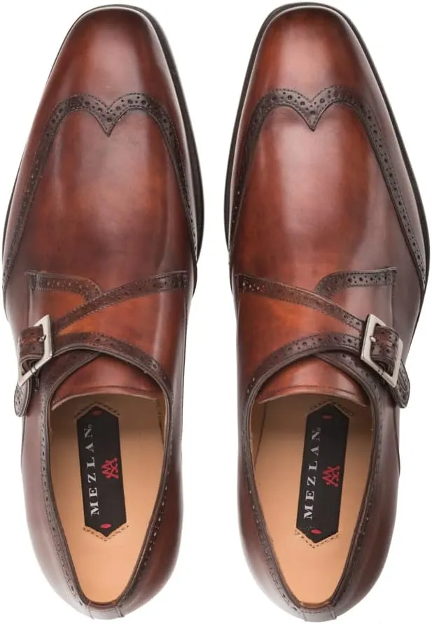 Mezlan - Forest - Men's Wing Tip Monk Strap - Hand-Burnished European Calfskin with Saddle Shoe Accents - Handcrafted in Spain
