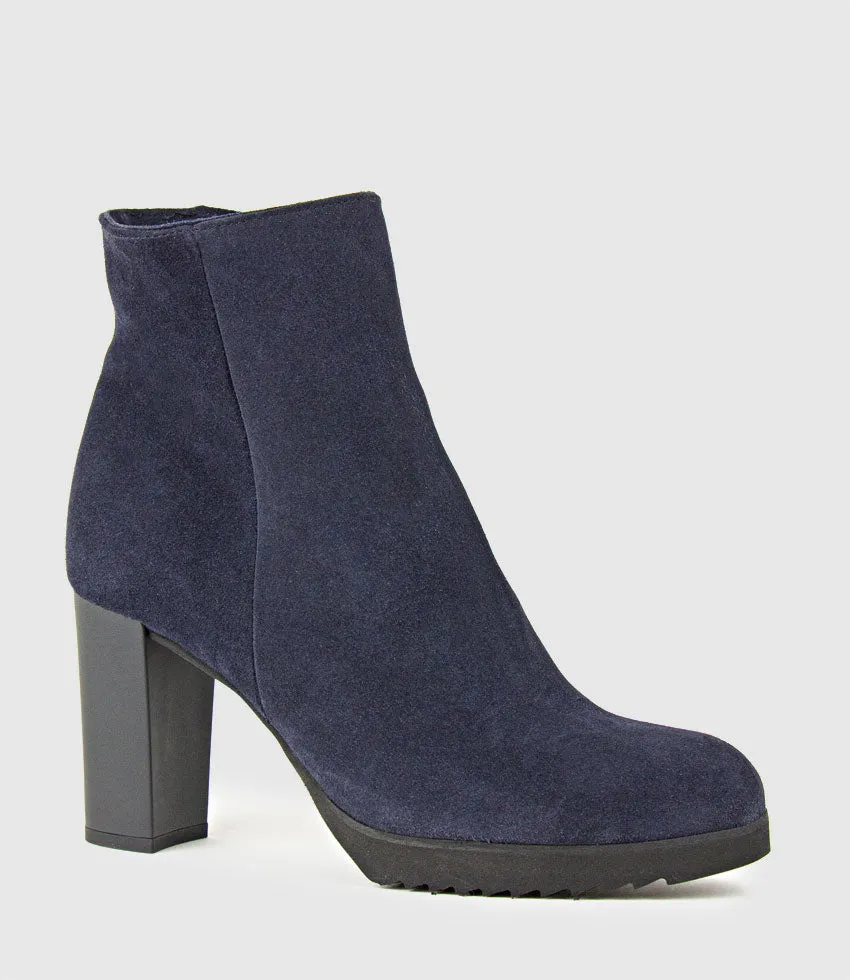 MYRANDA Rubber Heel Ankle Boot in Navy Suede