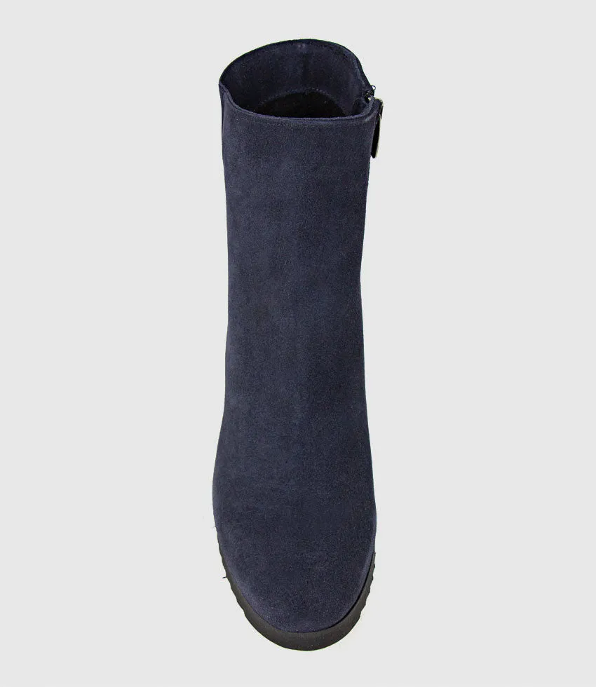 MYRANDA Rubber Heel Ankle Boot in Navy Suede