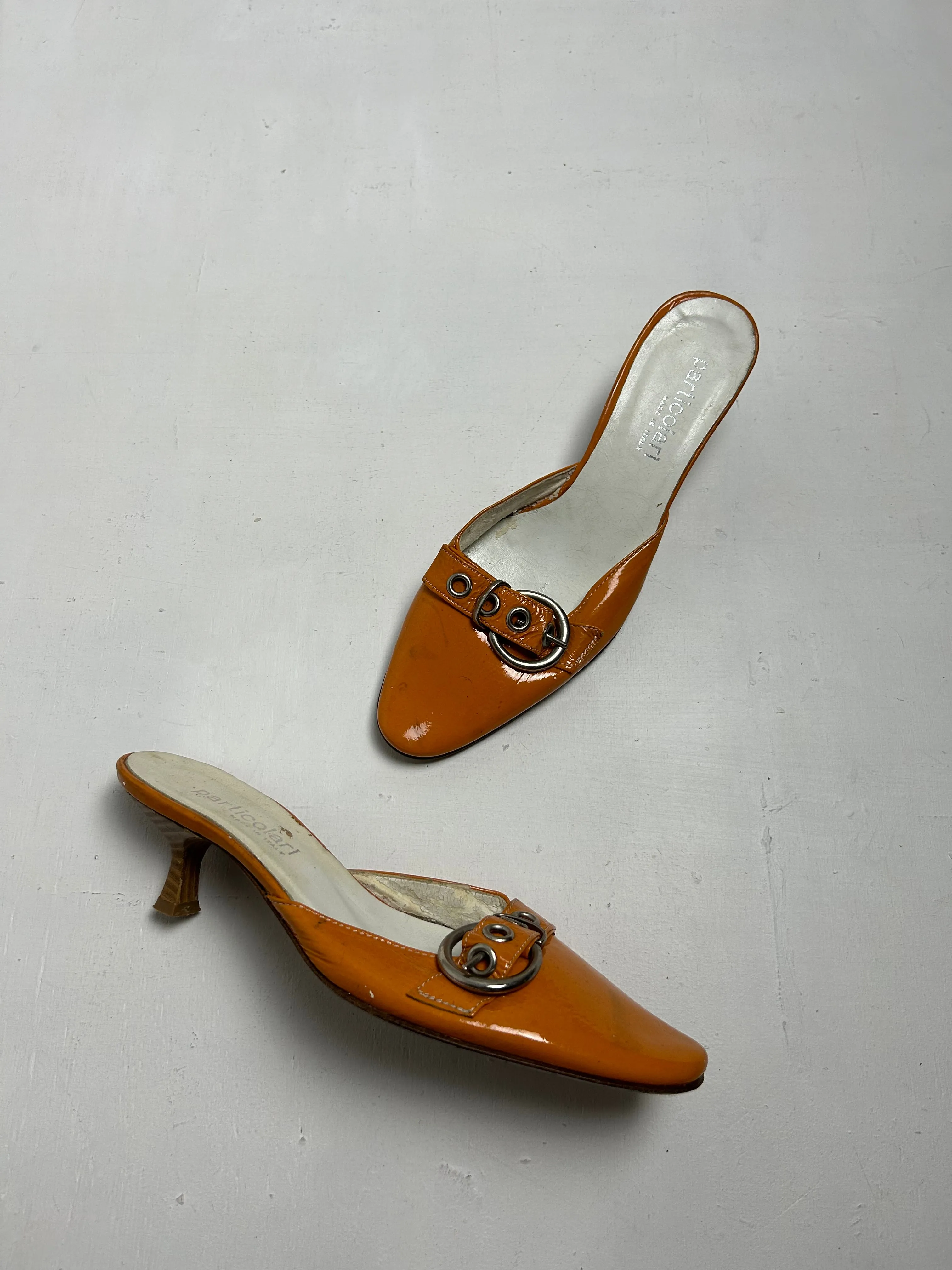 Orange real leather buckle kitten heels mules shoes (37)