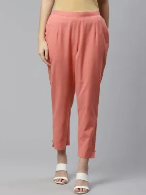 Peach Solid Cotton Trousers