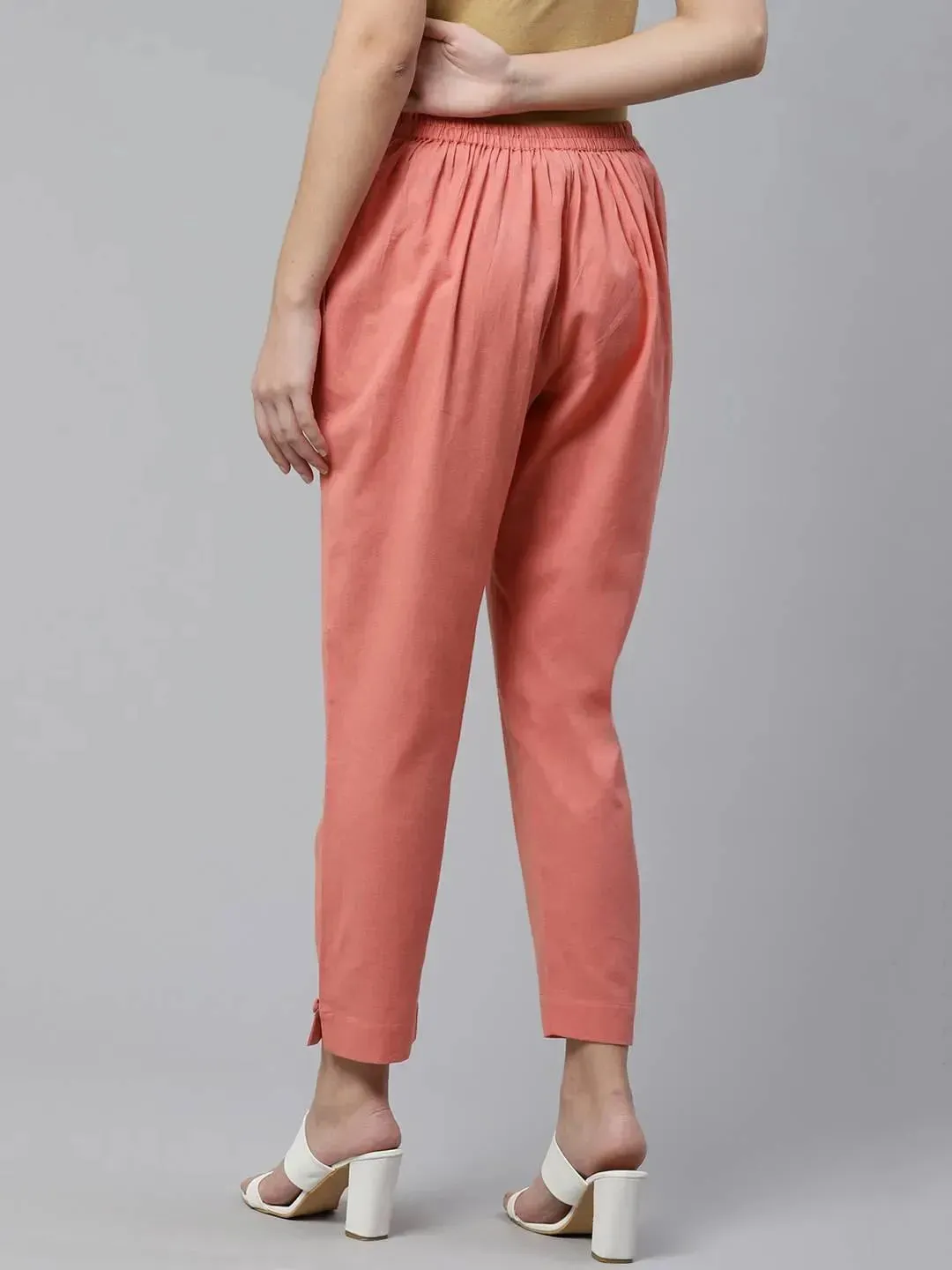 Peach Solid Cotton Trousers