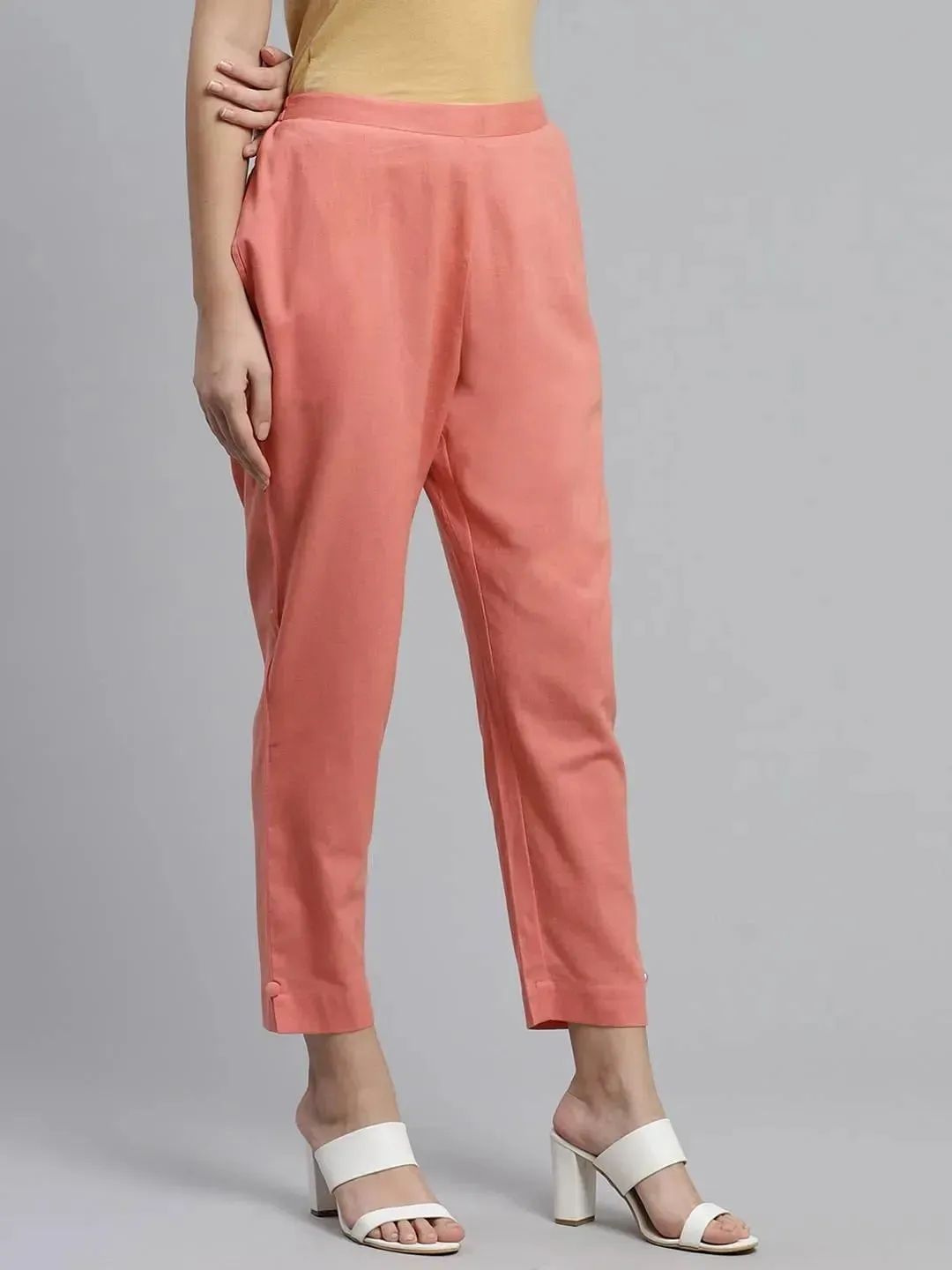 Peach Solid Cotton Trousers