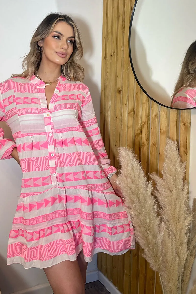 PINK WOVEN COTTON 3/4 SLEEVE TUNIC DRESS