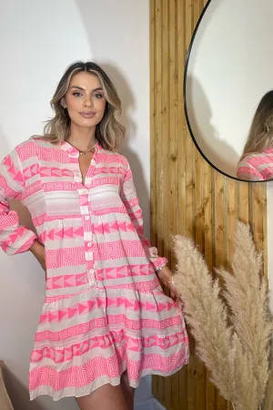 PINK WOVEN COTTON 3/4 SLEEVE TUNIC DRESS