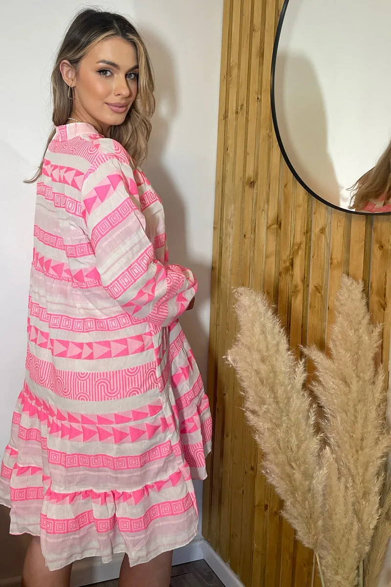 PINK WOVEN COTTON 3/4 SLEEVE TUNIC DRESS