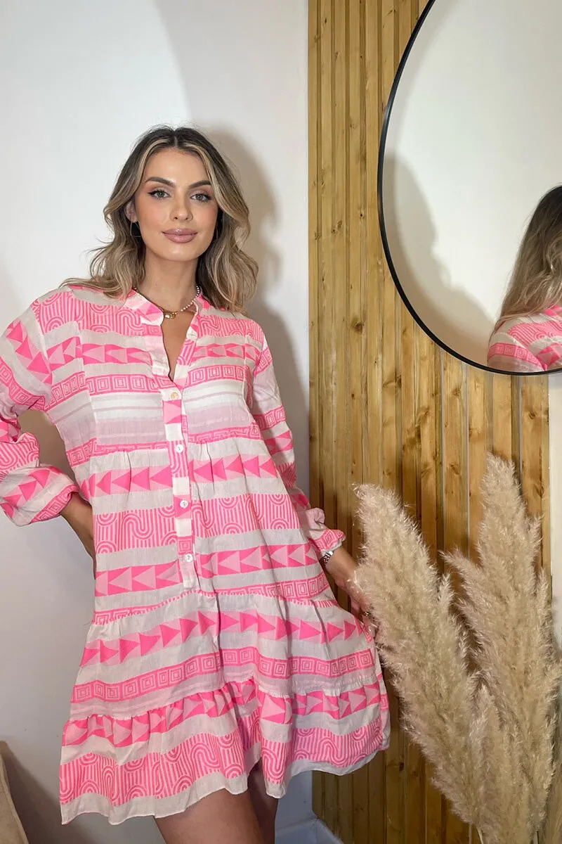 PINK WOVEN COTTON 3/4 SLEEVE TUNIC DRESS