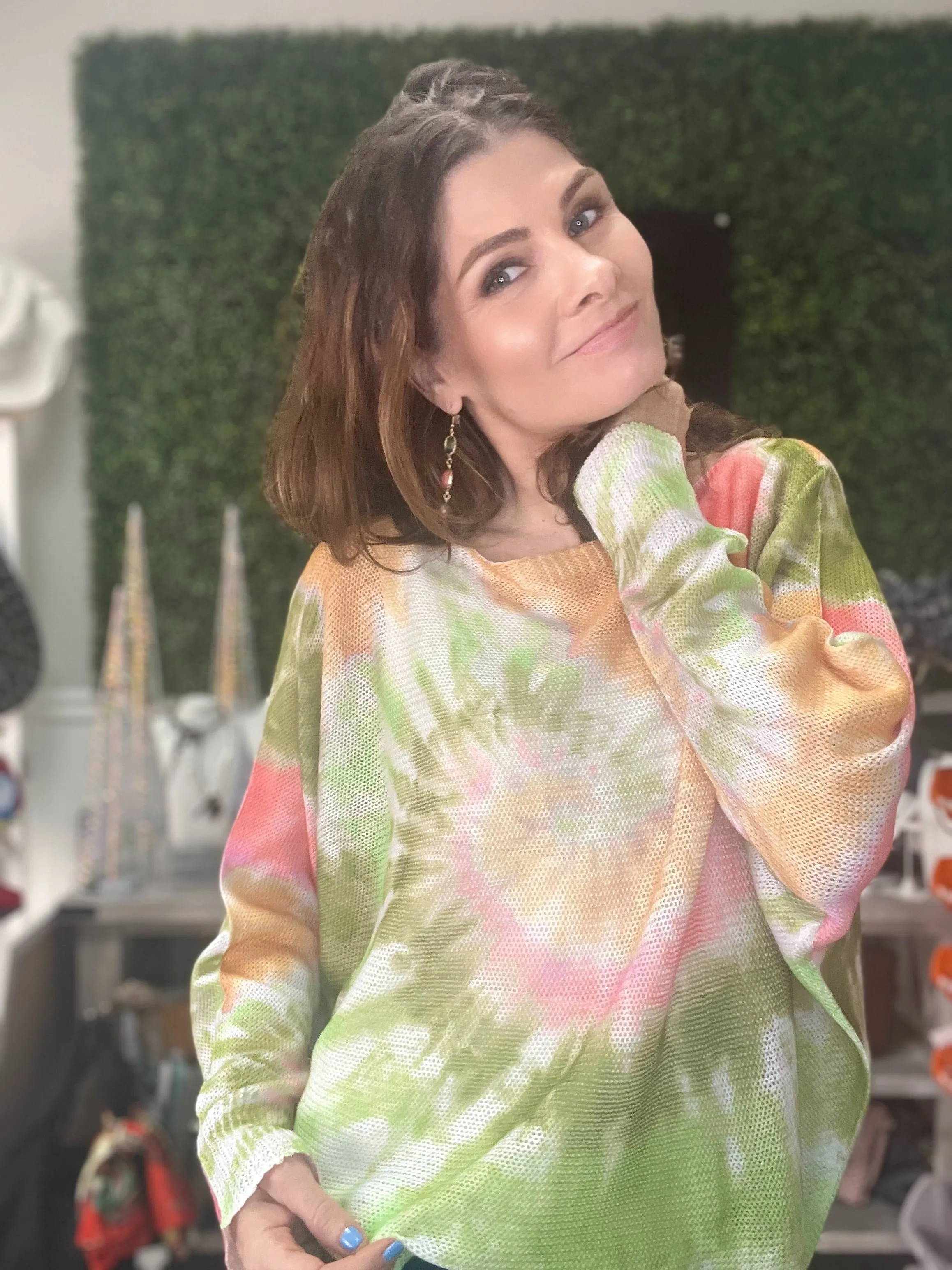 Preorder- Tie-dye Olive  Knit Printed Long Sleeves Sweater