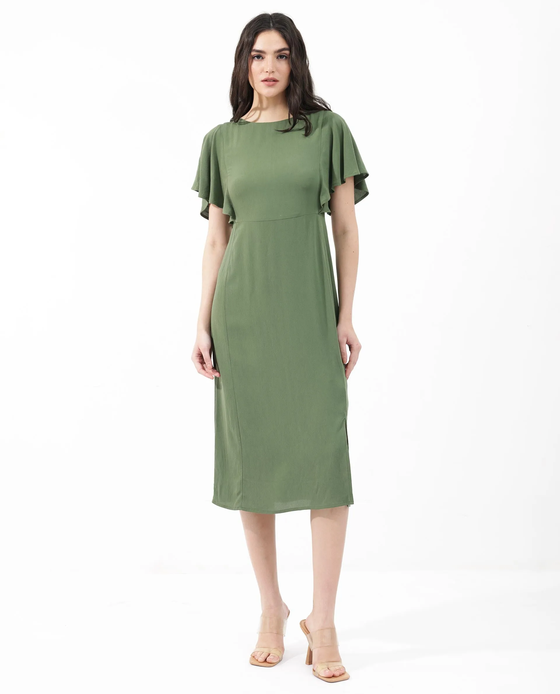 Rareism Women Dana Green Viscose Fabric Short Sleeve Round Neck Zipper Closure Solid Regular Fit Dress