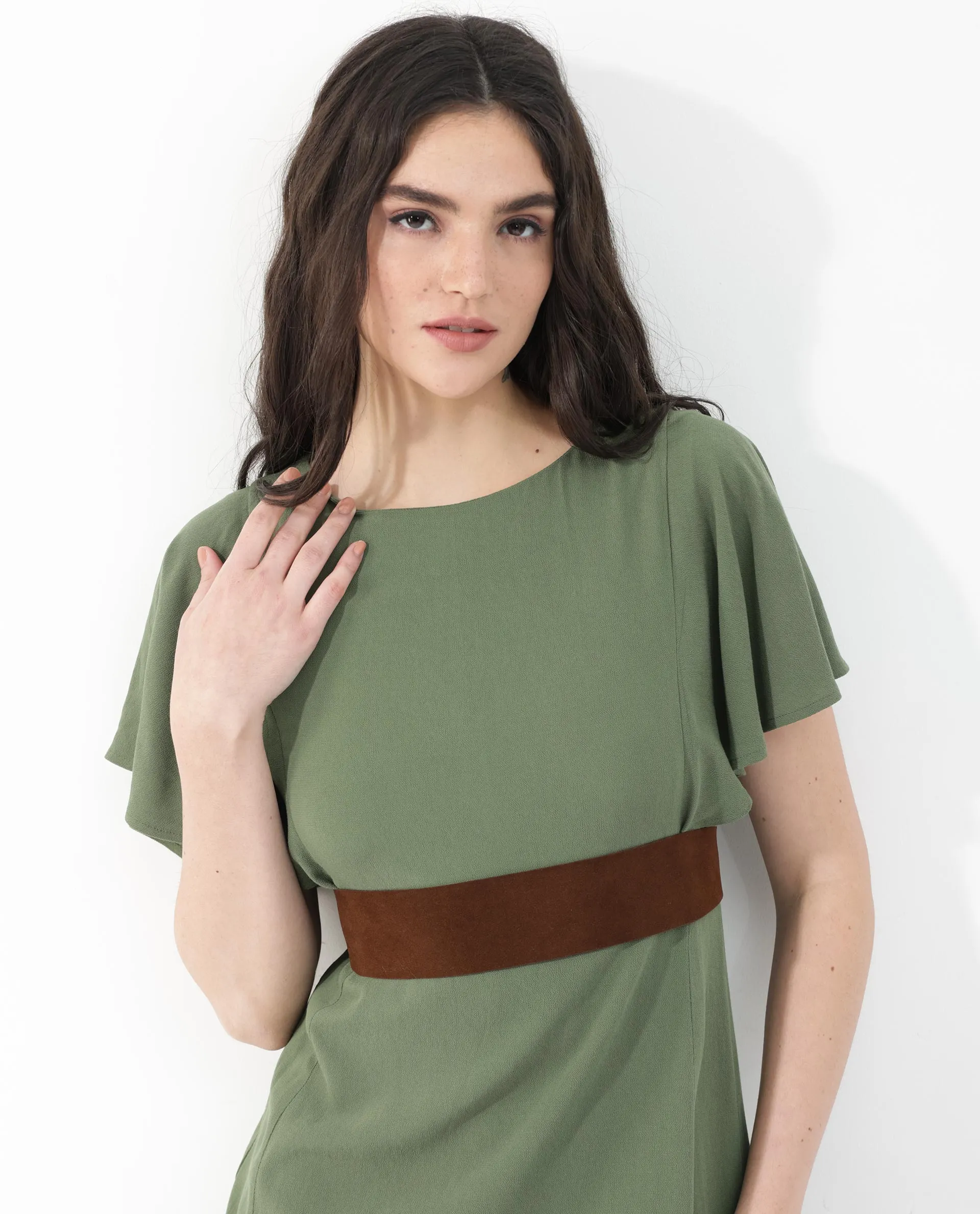 Rareism Women Dana Green Viscose Fabric Short Sleeve Round Neck Zipper Closure Solid Regular Fit Dress