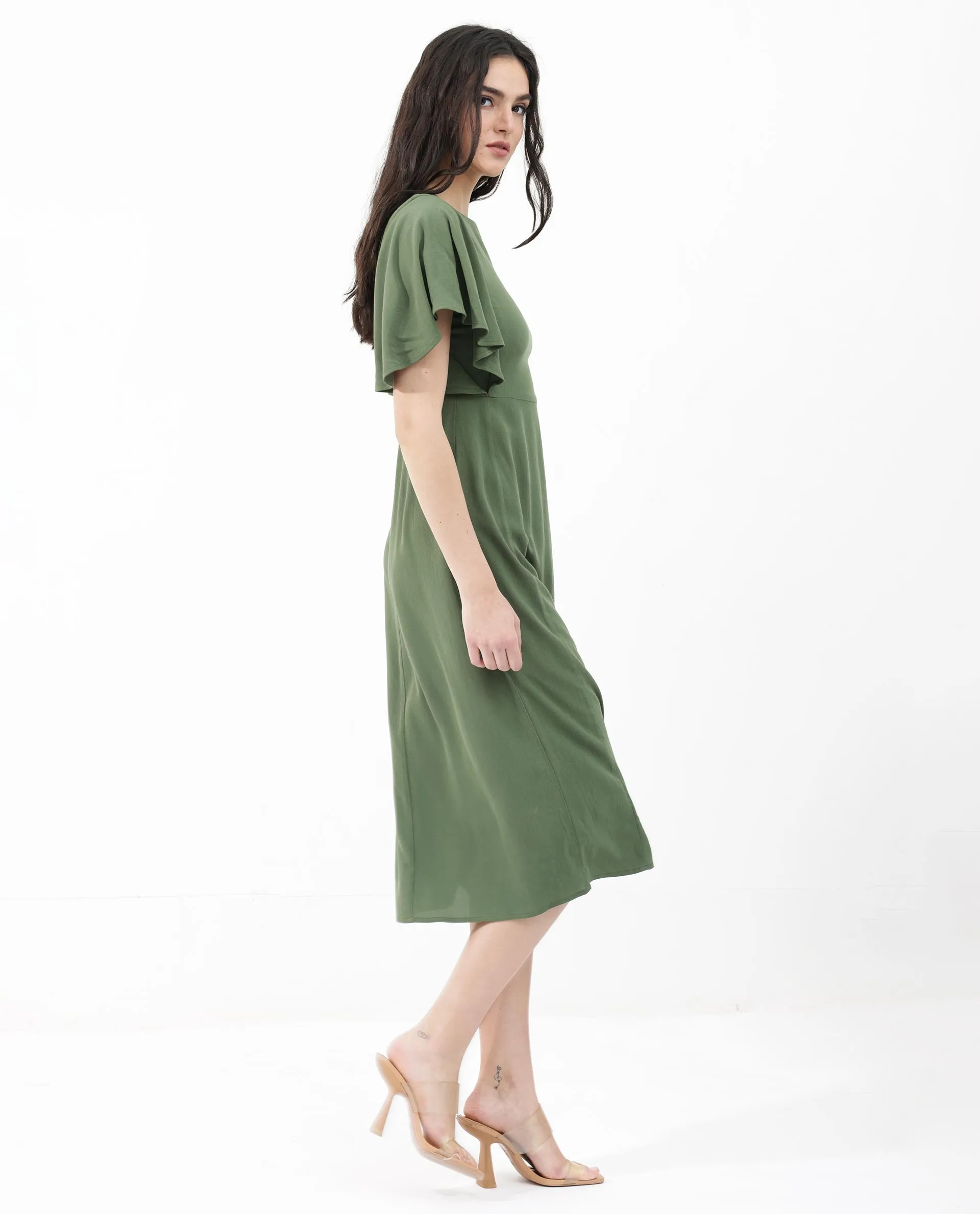Rareism Women Dana Green Viscose Fabric Short Sleeve Round Neck Zipper Closure Solid Regular Fit Dress