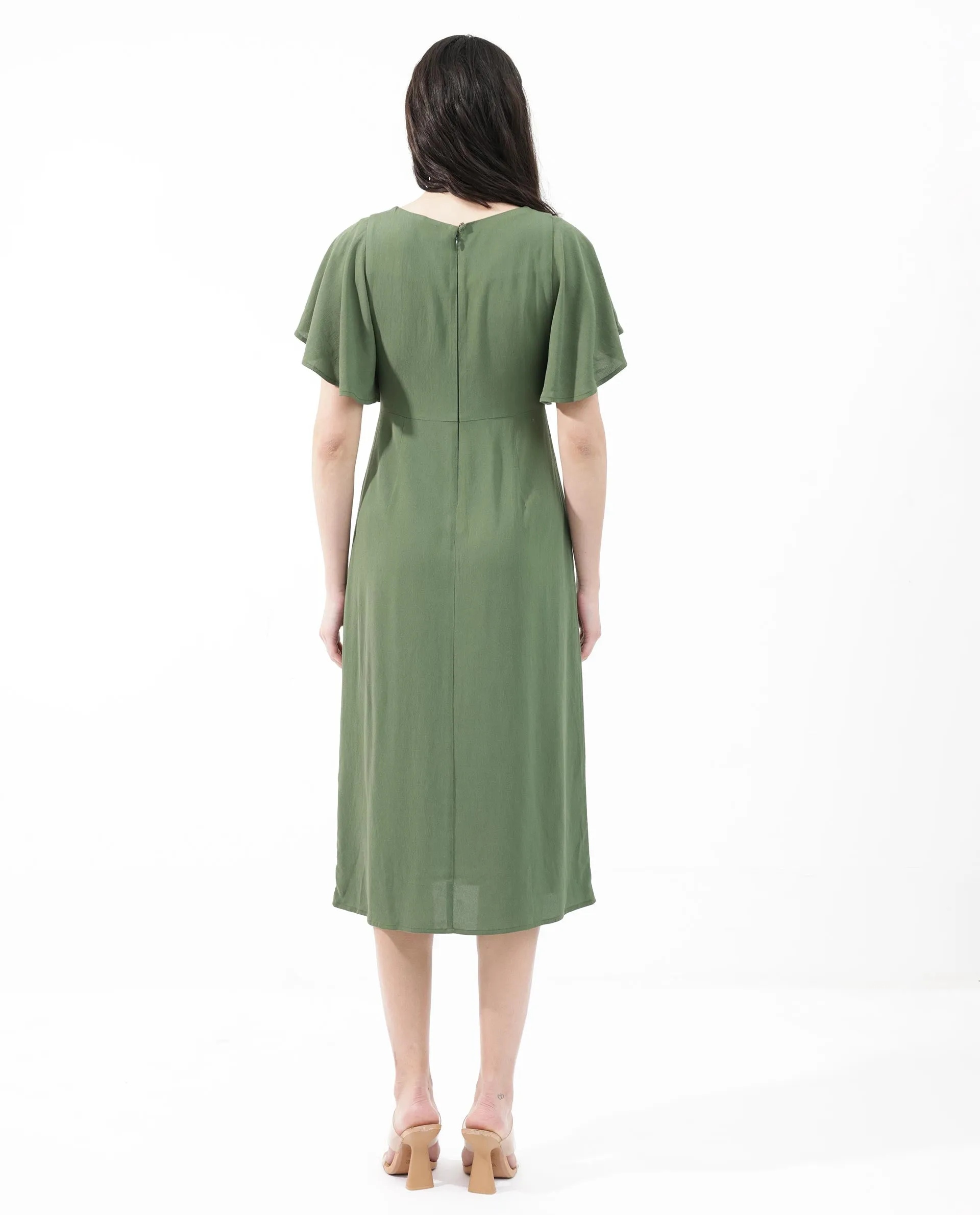 Rareism Women Dana Green Viscose Fabric Short Sleeve Round Neck Zipper Closure Solid Regular Fit Dress
