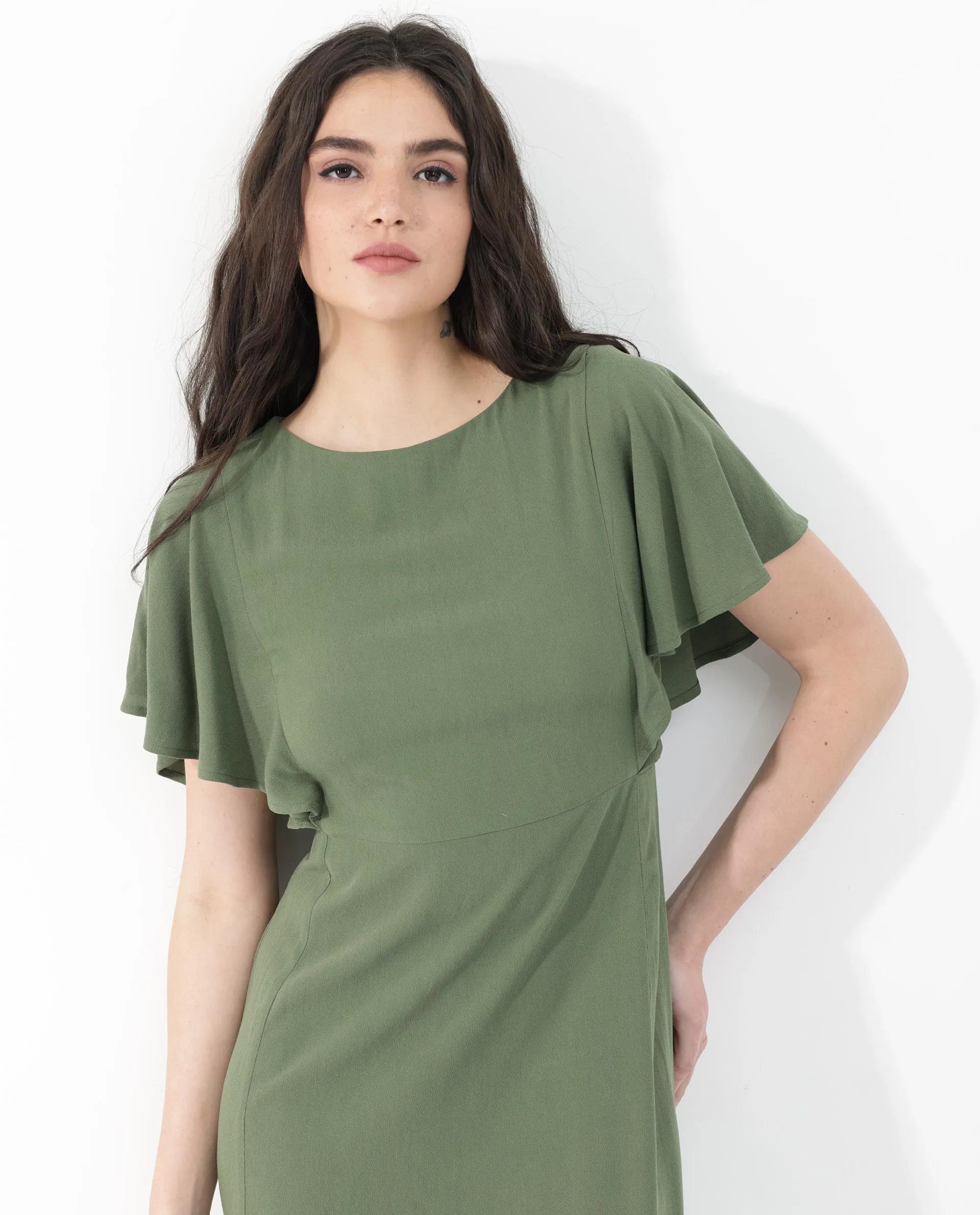 Rareism Women Dana Green Viscose Fabric Short Sleeve Round Neck Zipper Closure Solid Regular Fit Dress