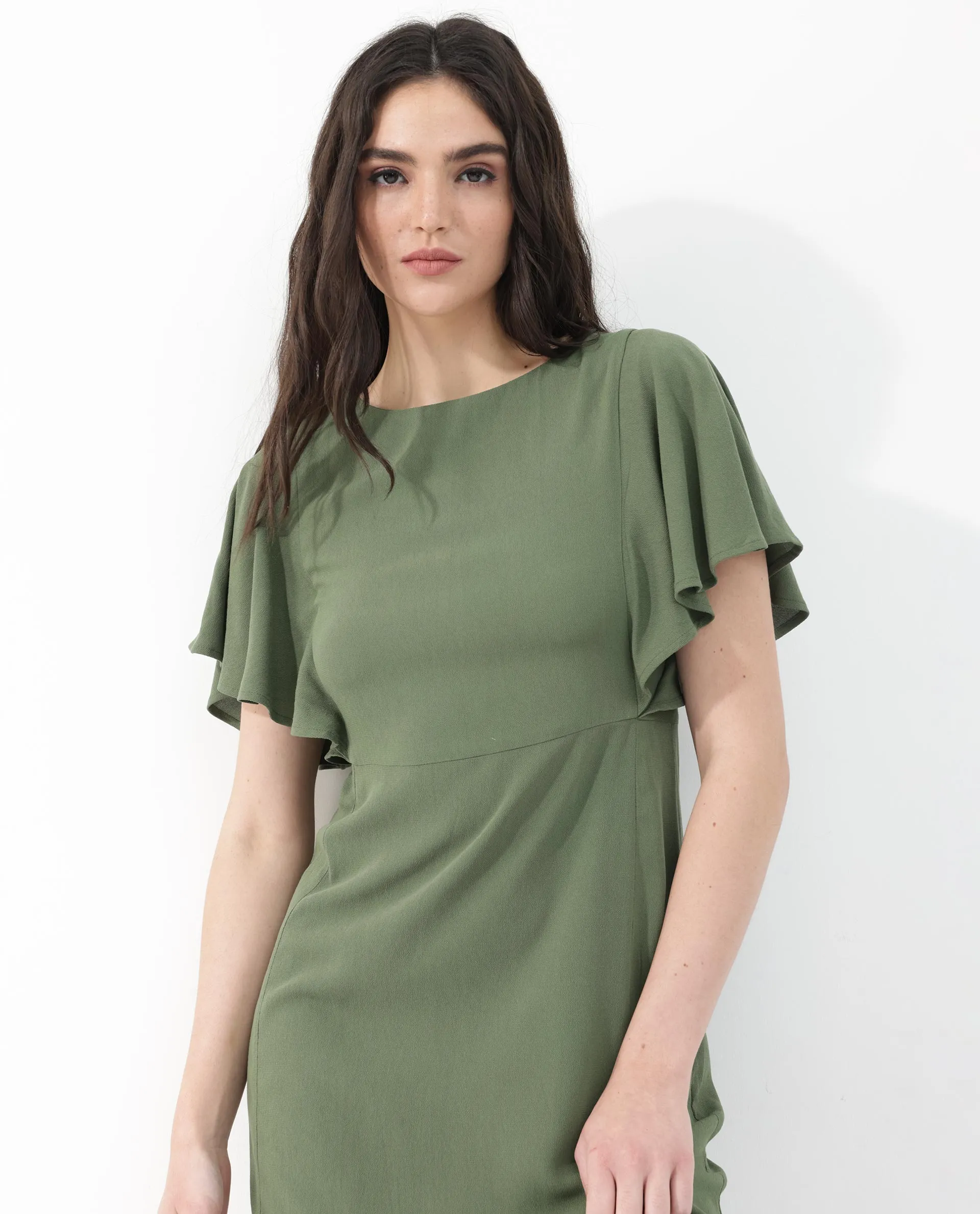 Rareism Women Dana Green Viscose Fabric Short Sleeve Round Neck Zipper Closure Solid Regular Fit Dress