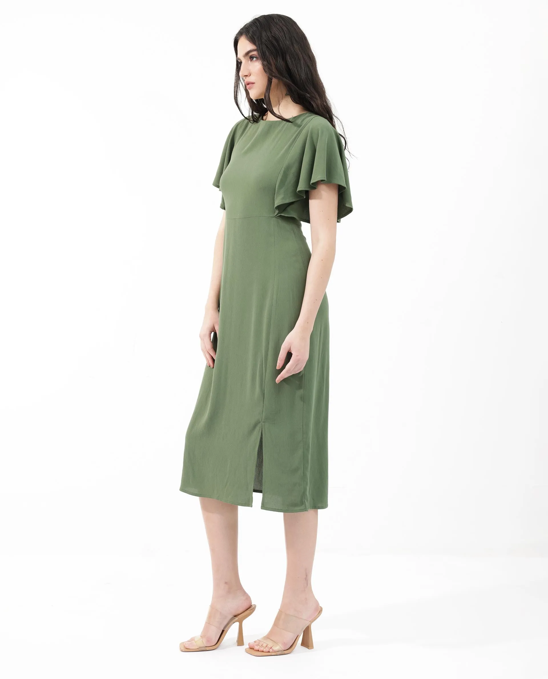 Rareism Women Dana Green Viscose Fabric Short Sleeve Round Neck Zipper Closure Solid Regular Fit Dress